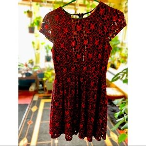 Leola couture dress, red and black lace, mesh back. Never worn. Size M.